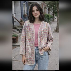 Pastel Quilted Jacket Patchwork Open Front Boho Cottagecore Spring Layer Small